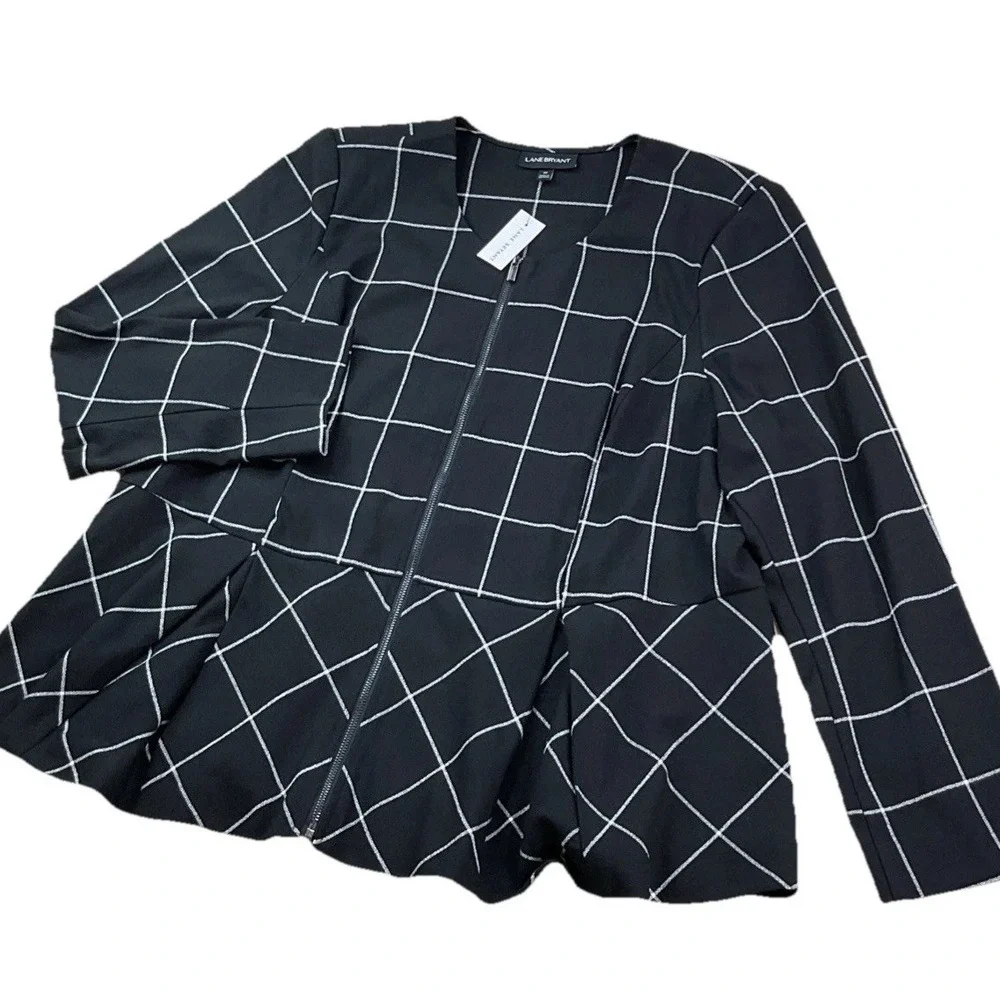 Lane Bryant Windowpane Peplum Blazer Full Zip Black White Career‎ Womens 22